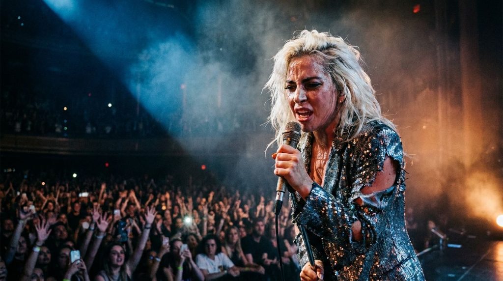 Lady Gaga singing on stage with a microphone showcasing her vocal talent and performance