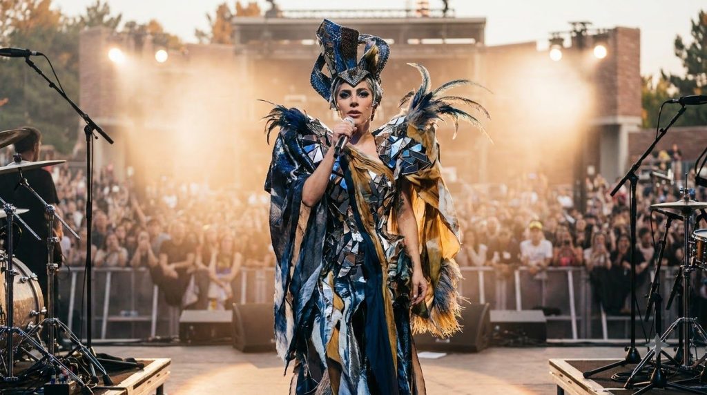Lady Gaga performing in an elaborate costume showcasing her diverse looks and eras