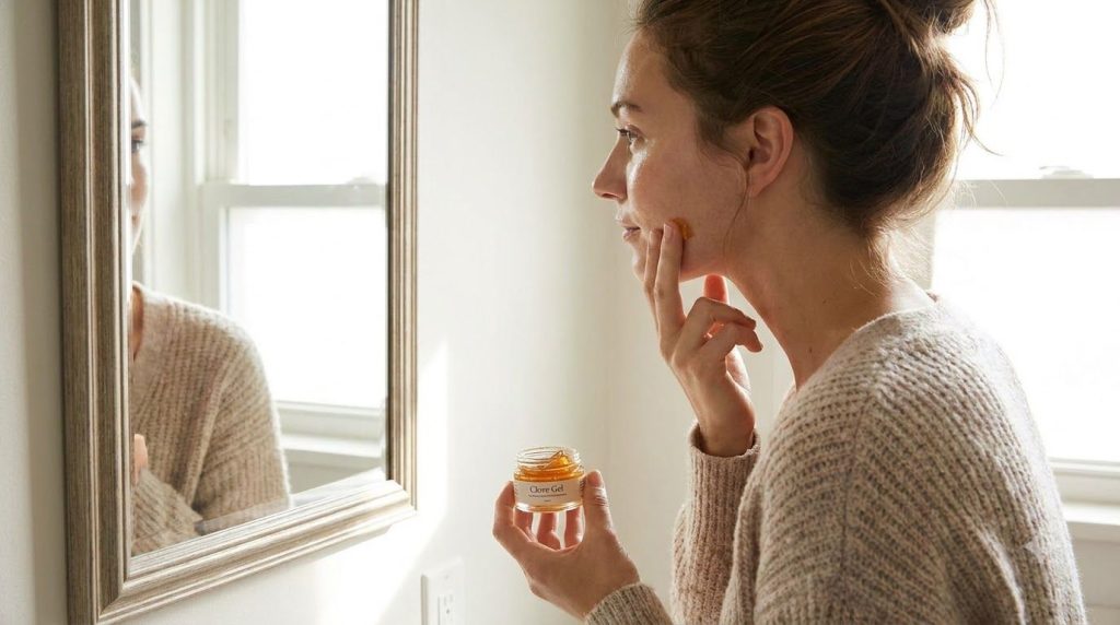 A woman gently applying a small amount of clove gel to her cheek looking in a mirror Her skin appears clean and hydrated