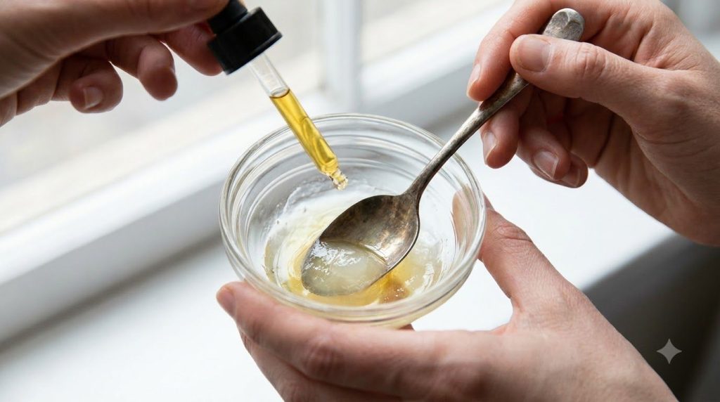 Hands mixing Vaseline with almond oil in a small glass bowl with a spoon