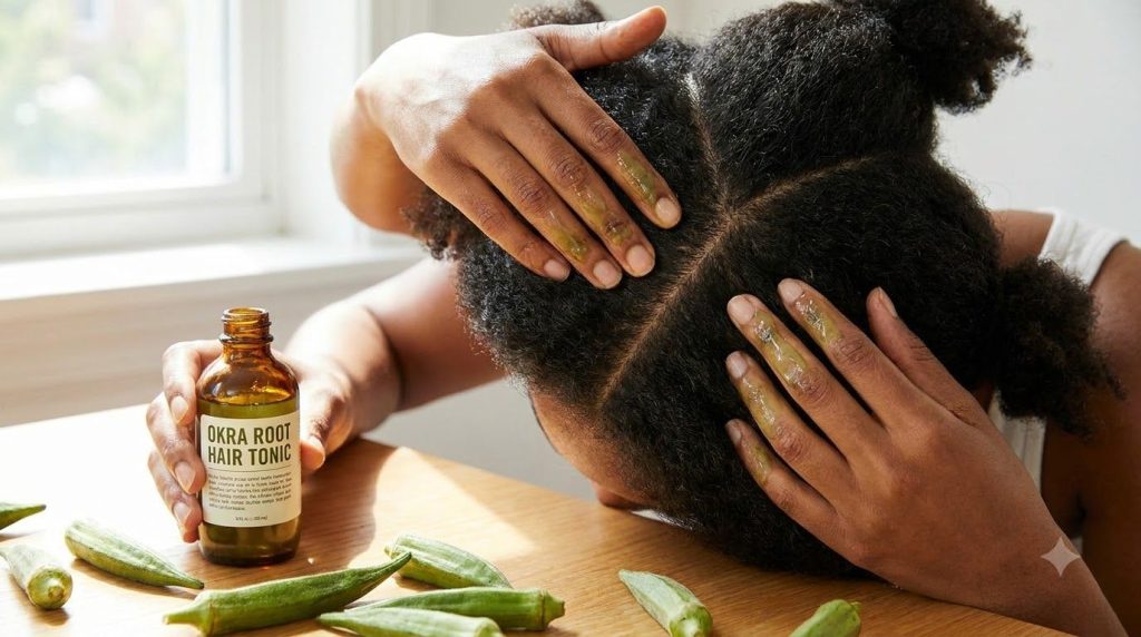 A woman gently massaging okra hair tonic into her scalp with her fingertips her hair parted in sections on a clean backg