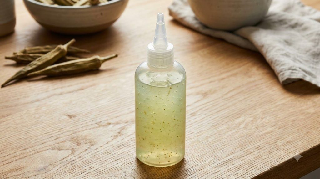 A clear squeeze bottle filled with the translucent gel-like okra hair tonic placed on a light wooden background