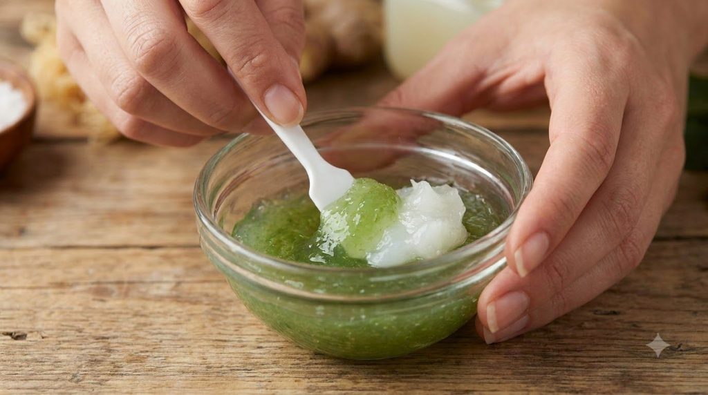 A close-up shot of a small bowl where sea moss gel and Vaseline are being mixed together with a mini spatula showing the