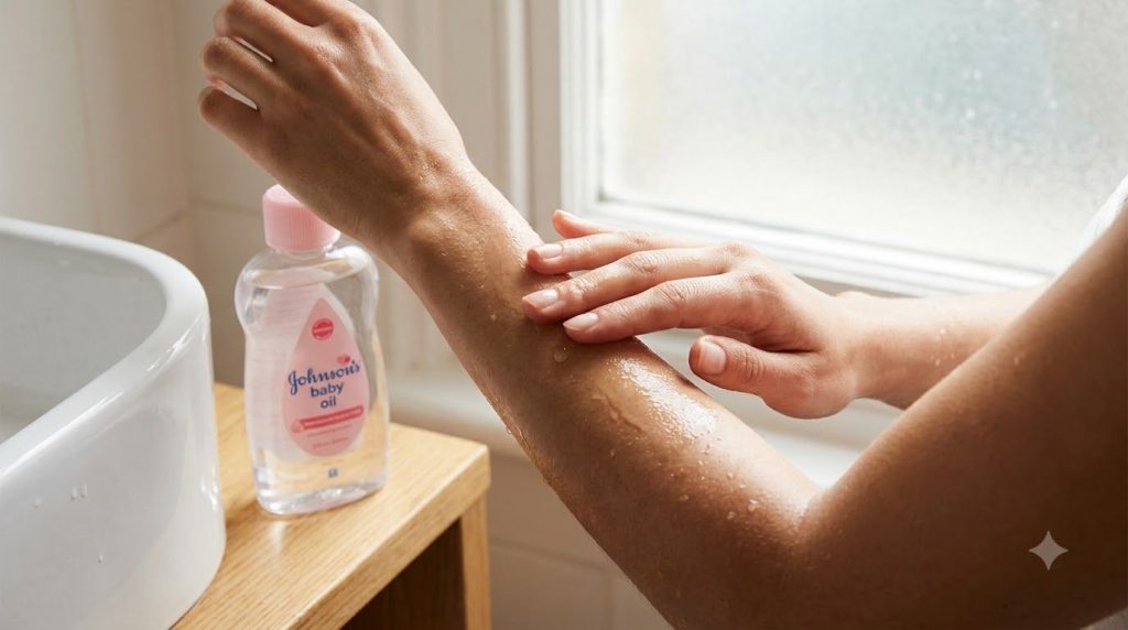 A woman s hand gently massaging Johnson s Baby Oil into her arm after a shower showing damp skin and a subtle sheen