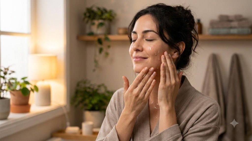 A woman gently massaging the homemade beauty oil onto her face at night in a soft diffused light setting