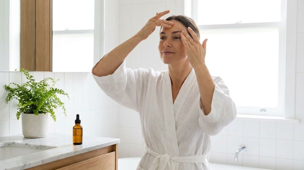 A woman gently massaging a few drops of homemade facial oil onto her clean face focusing on areas like the forehead and 