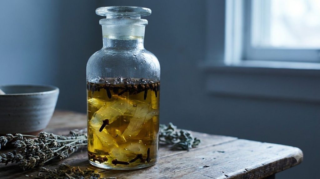 Close-up of a glass jar containing baby oil whole cloves and aloe vera gel infusing slowly in a cool dark place