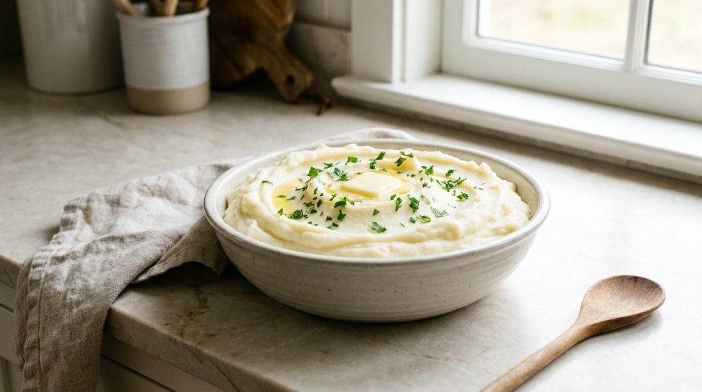 A serving bowl filled with perfectly smooth creamy white mashed potatoes topped with a dollop of butter and a sprinkle o