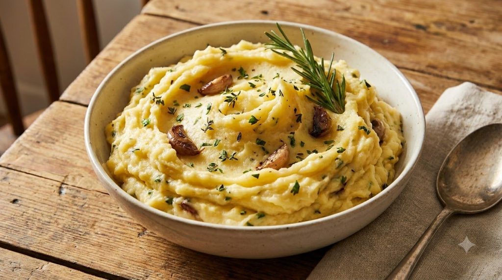 A bowl of golden mashed potatoes visible specks of roasted garlic and green herbs garnished with a sprig of rosemary The