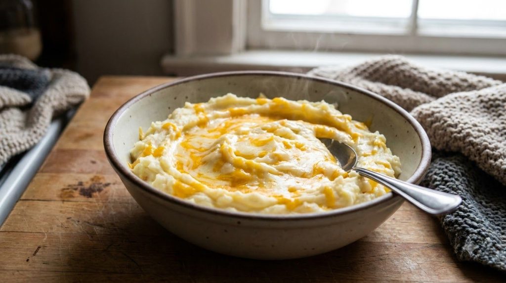 A warm bowl of creamy mashed potatoes generously mixed with melted yellow and white cheese slightly gooey with a hint of