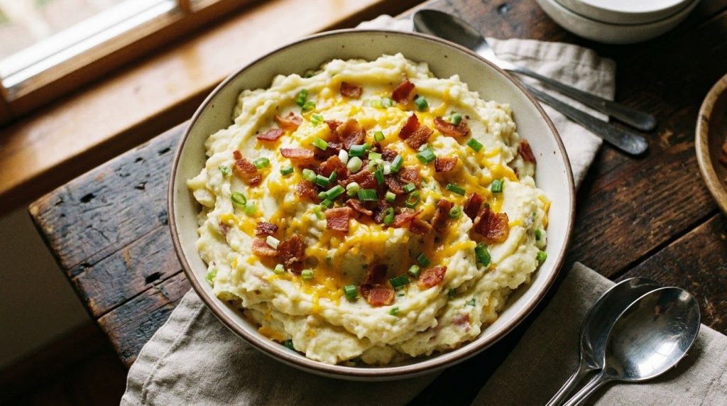 A large serving bowl of mashed potatoes topped with crispy bacon bits shredded cheddar cheese and chopped green onions T