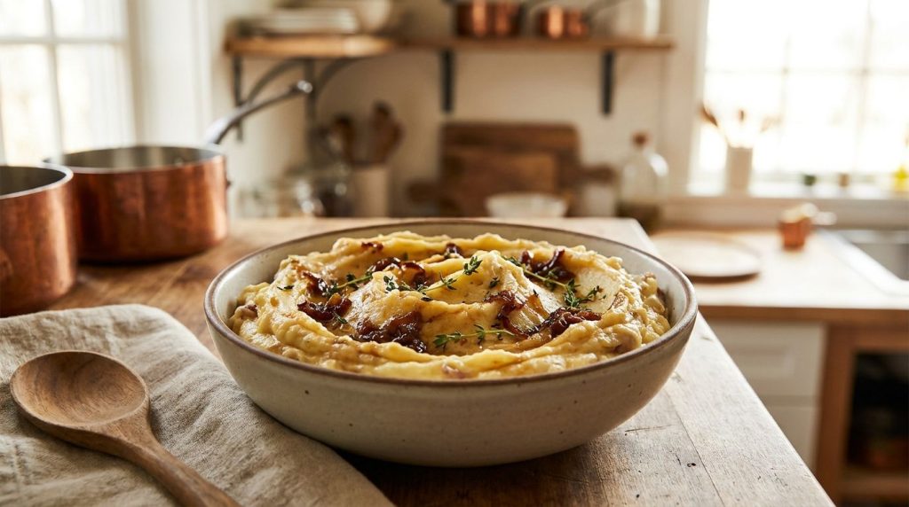 A bowl of creamy mashed potatoes with visible bits of deeply browned caramelized onions mixed in garnished with a few fr
