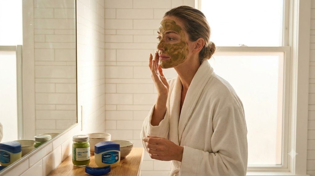 A woman gently applying a green sea moss and Vaseline blend to her face in a well-lit bathroom showing a smooth radiant