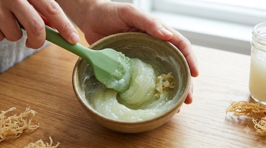 Hands mixing Vaseline and sea moss gel in a small bowl with a spatula creating a smooth green blend The focus is on the