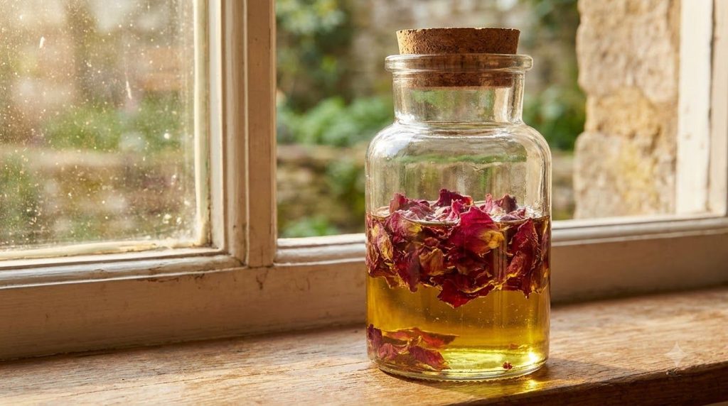 A close-up of a glass jar with dried rose petals infusing in a golden oil sitting in a sunny window