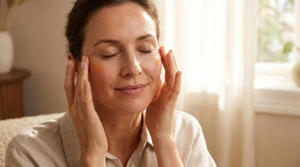 A woman gently massaging the DIY collagen-supporting face oil into her clean face with soft glowing skin