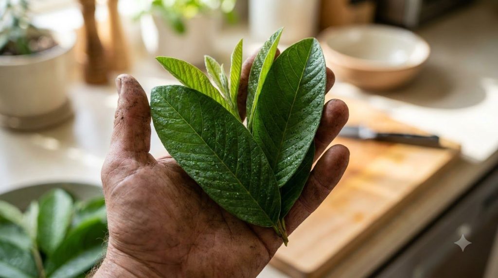 A close-up of a hand gently holding a small bunch of fresh green guava leaves emphasizing their readiness for preparatio