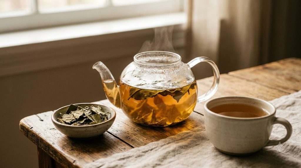 A clear glass teapot with freshly brewed guava leaf tea showcasing the golden-brown liquid next to a small bowl of dried