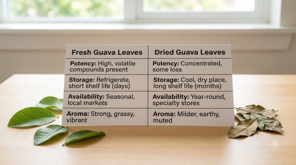 A two-column table comparing Fresh Guava Leaves and Dried Guava Leaves based on potency storage availability and aroma