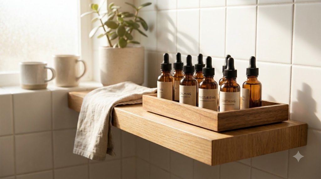 Small glass dropper bottles each labeled for different baby oil blends e g Hydrating Brightening organized neatly on a s