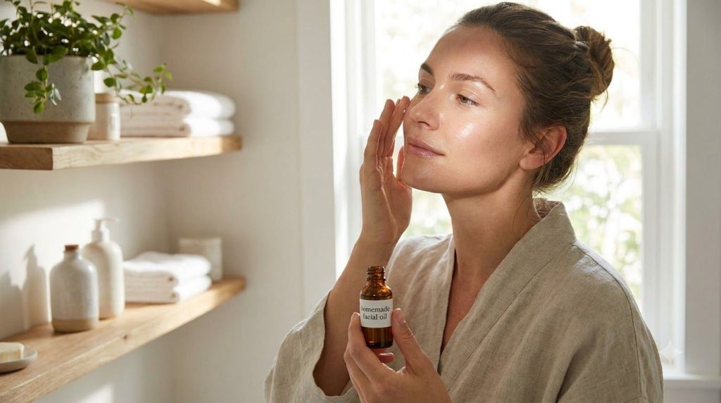 A woman gently massaging a few drops of the homemade baby oil blend onto her clean face focusing on her cheeks and foreh