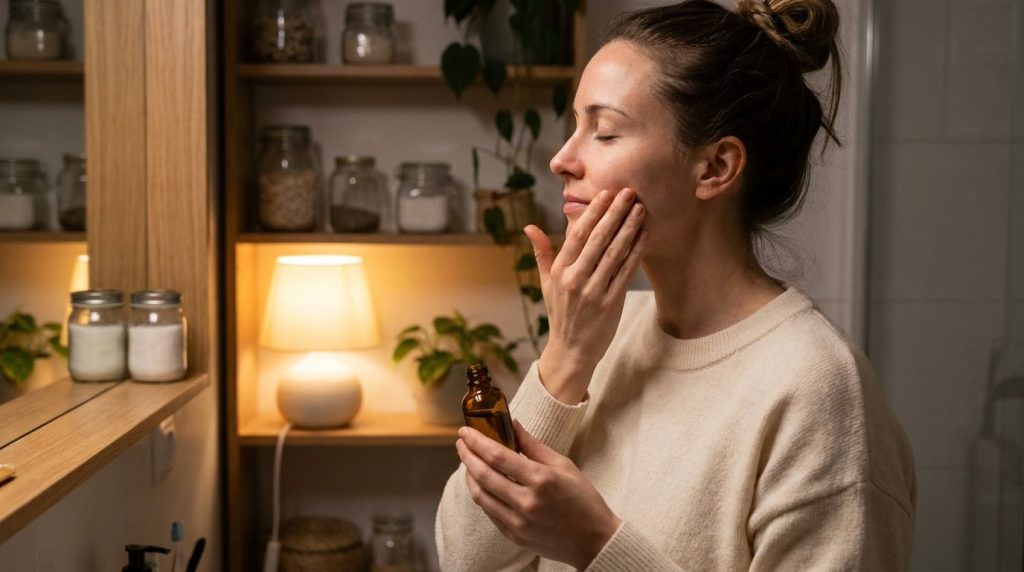 A woman gently massaging the homemade oil onto her clean face before bedtime with soft ambient lighting