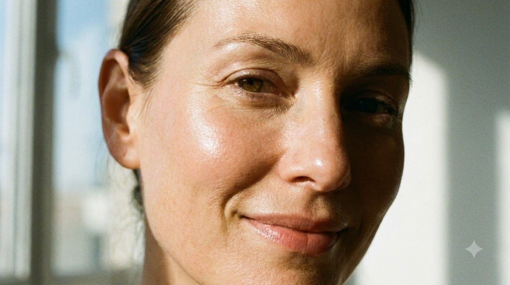A close-up of a woman s radiant smooth skin showing a healthy youthful glow bathed in soft morning light
