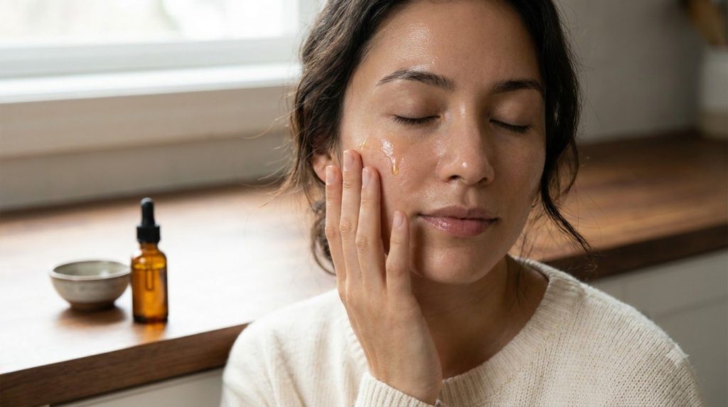 A woman applying a few drops of the golden glow serum to her face gently massaging it in with a soft content expression