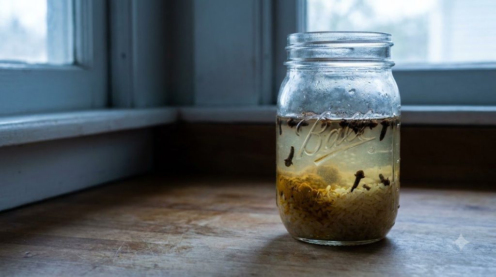 A close-up of a glass jar with Johnson s Baby Oil turmeric rice and cloves infusing sitting on a countertop in a cool da