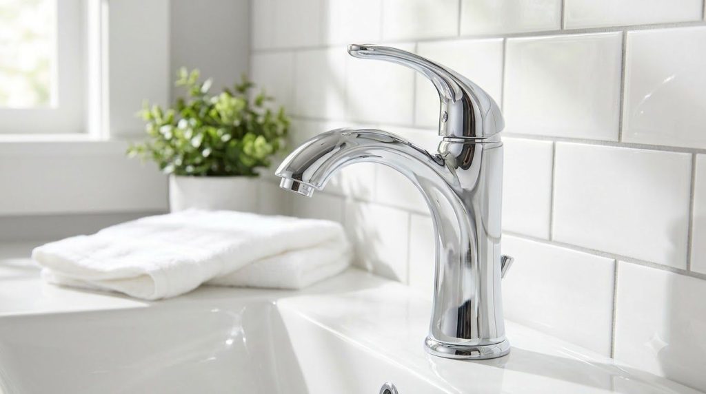 A sparkling clean chrome bathroom faucet reflecting light with no signs of hard water stains The sink basin is white and