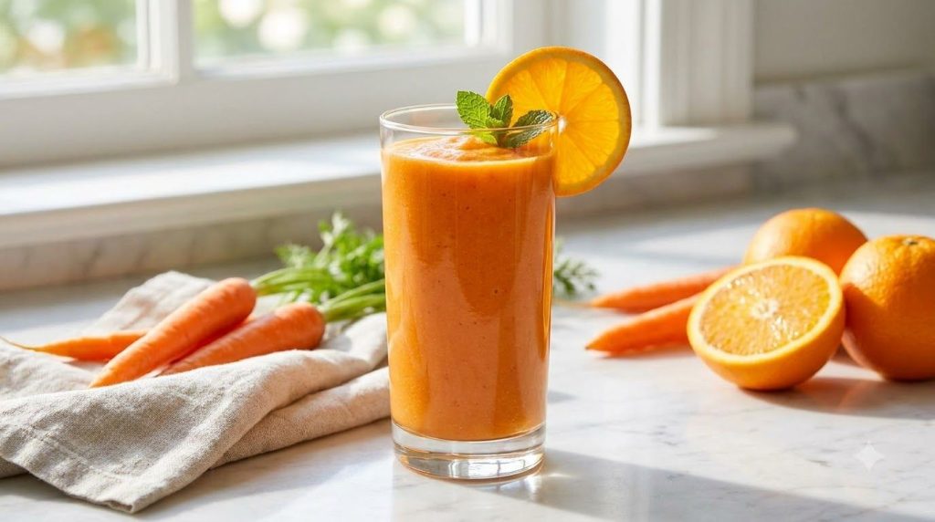 A vibrant orange carrot smoothie in a clear glass garnished with an orange slice on a white marble countertop