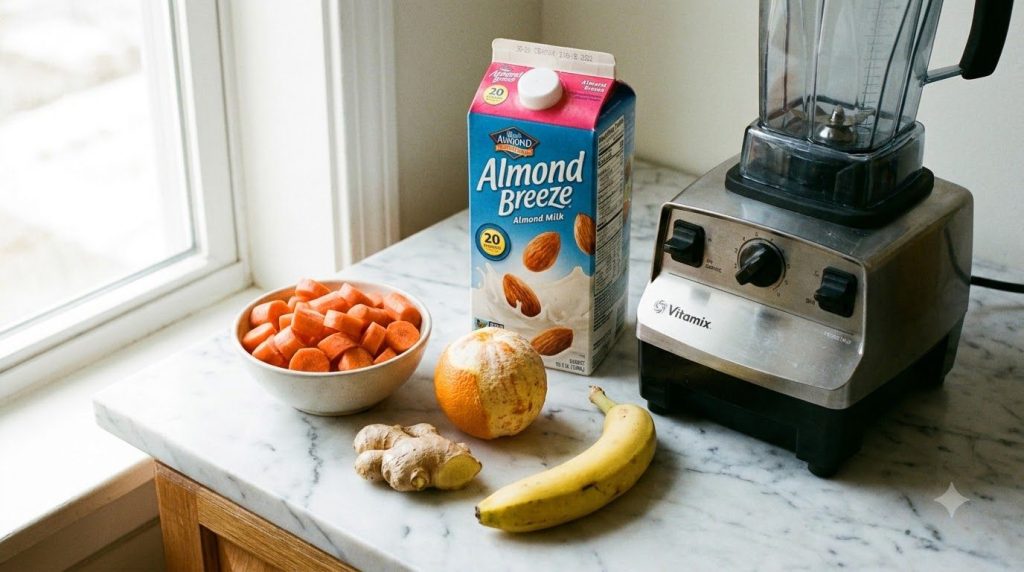 All smoothie ingredients laid out on a marble counter next to a blender including chopped carrots an orange ginger a ban