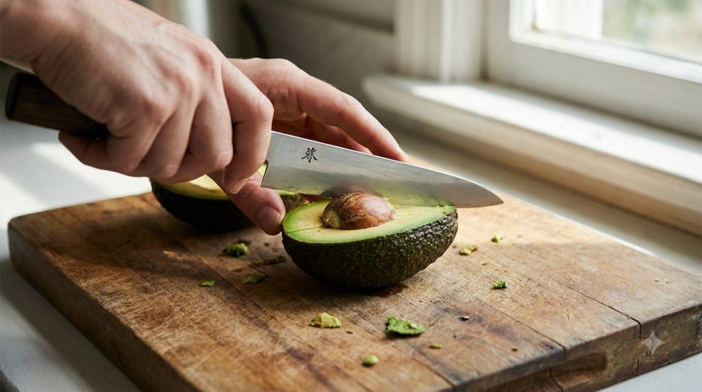 A ripe avocado being sliced lengthwise on a cutting board with a sharp knife