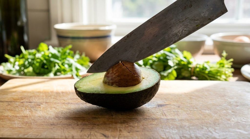 A knife gently striking the avocado pit to remove it from one half of the avocado