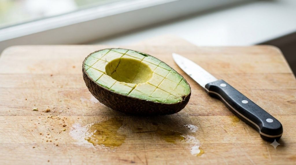 One half of an avocado with its flesh scored into a grid pattern using a knife while still in its skin