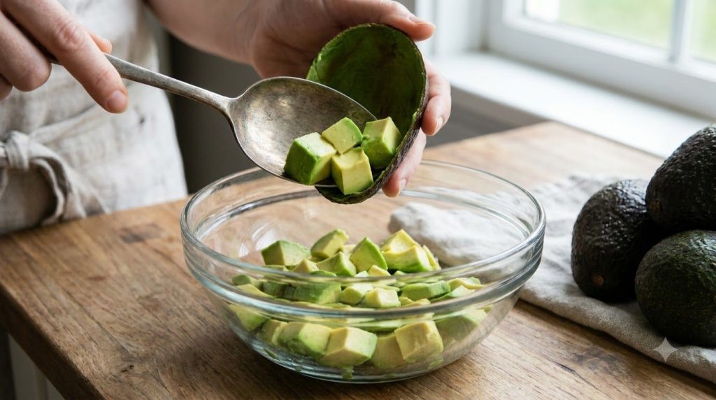A large spoon scooping out perfectly diced avocado from its skin into a bowl