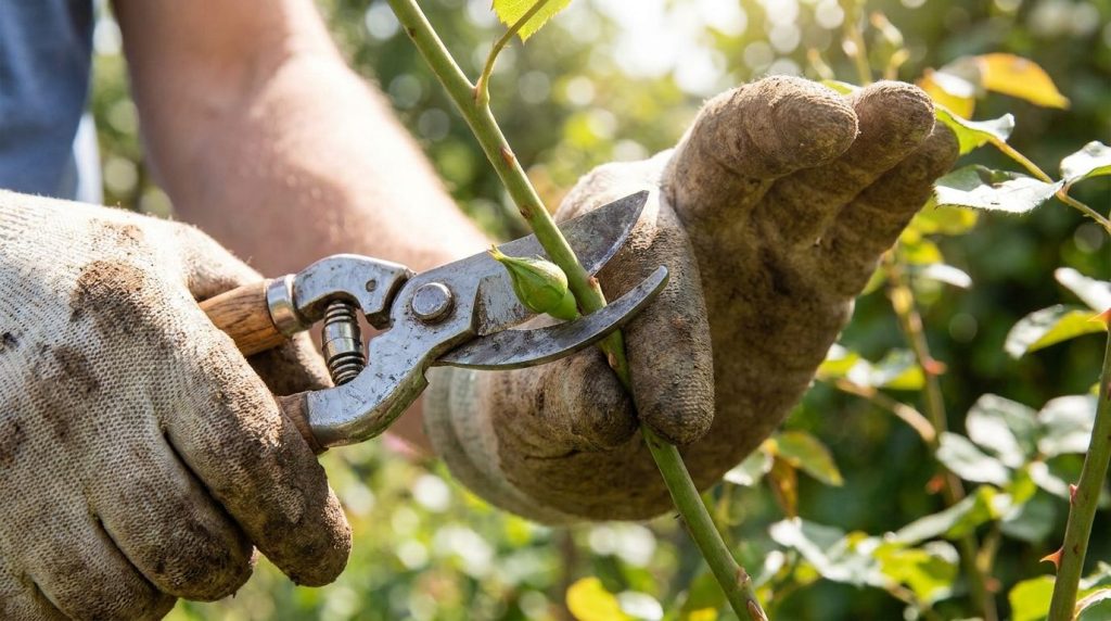 Close-up of a gardener making a precise 45-degree angle pruning cut just above an outward-facing bud on a plant stem usi