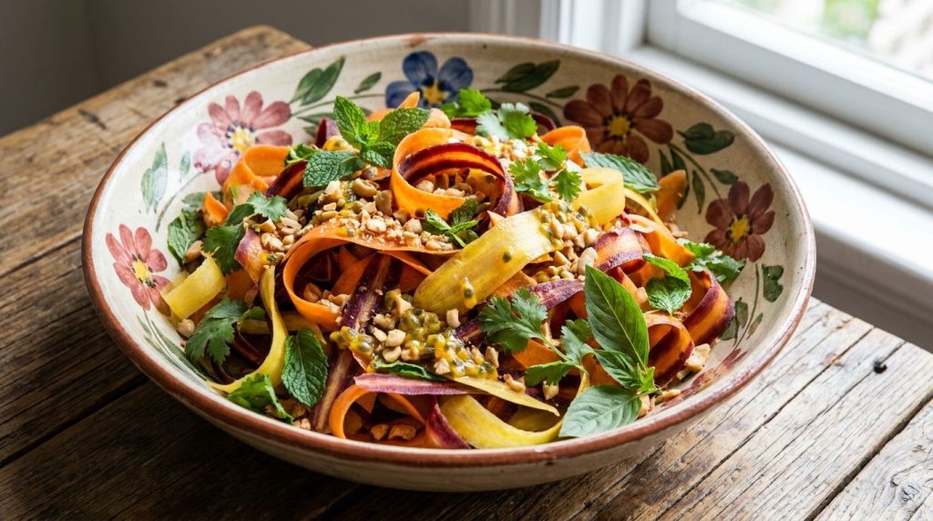A vibrant fresh carrot and passion fruit salad in a serving bowl garnished with peanuts and herbs