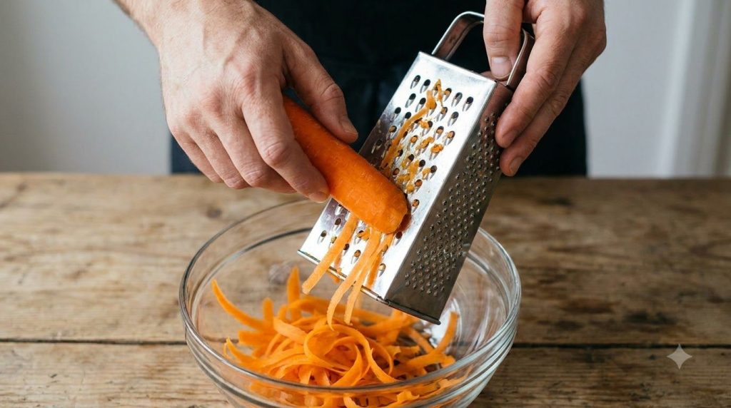 A person grating carrots into thin strips over a bowl