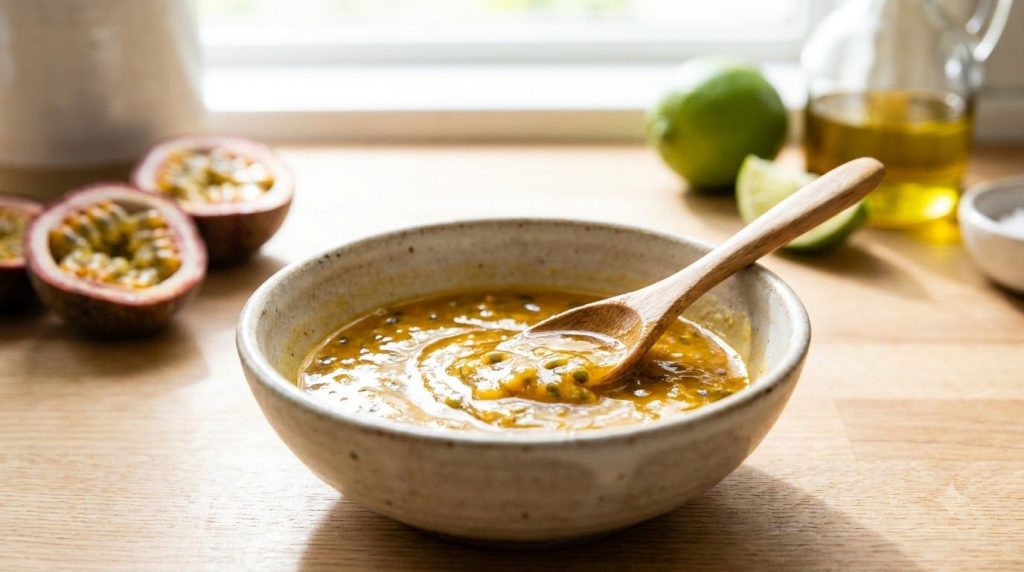A bowl of passion fruit dressing being mixed with a spoon