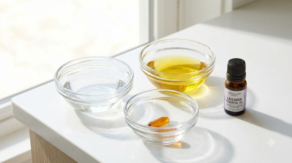 Small bowls of baby oil almond oil and a vitamin E capsule with a tiny bottle of lavender essential oil arranged on a cl