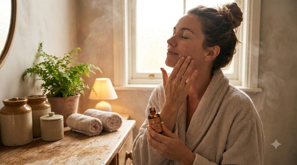 A woman gently massaging a few drops of the Botox Oil blend onto her face and neck with closed eyes in a serene bathroom