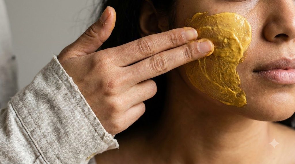 A close-up of a hand applying a vibrant yellow turmeric and honey face mask to a person s cheek