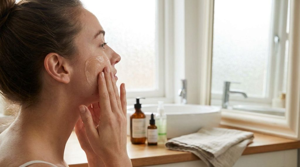 A person gently applying pure aloe vera gel to their face after a skincare routine