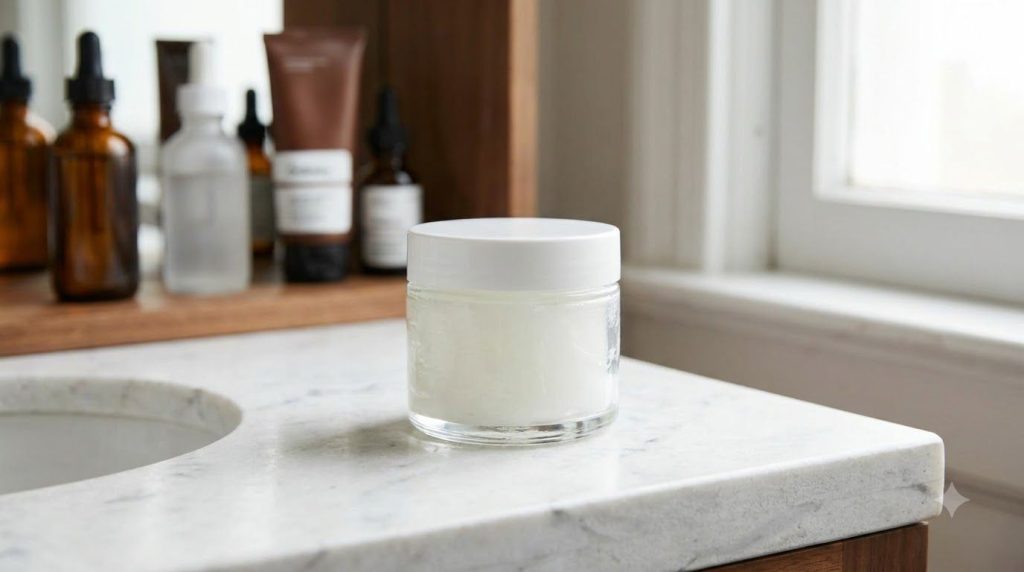 A jar of petroleum jelly Vaseline on a bathroom counter with other skincare products