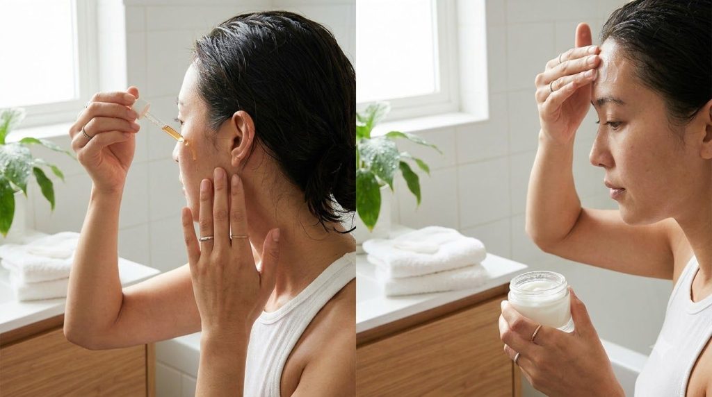 Close-up of a person applying a hydrating serum to their face followed by moisturizer