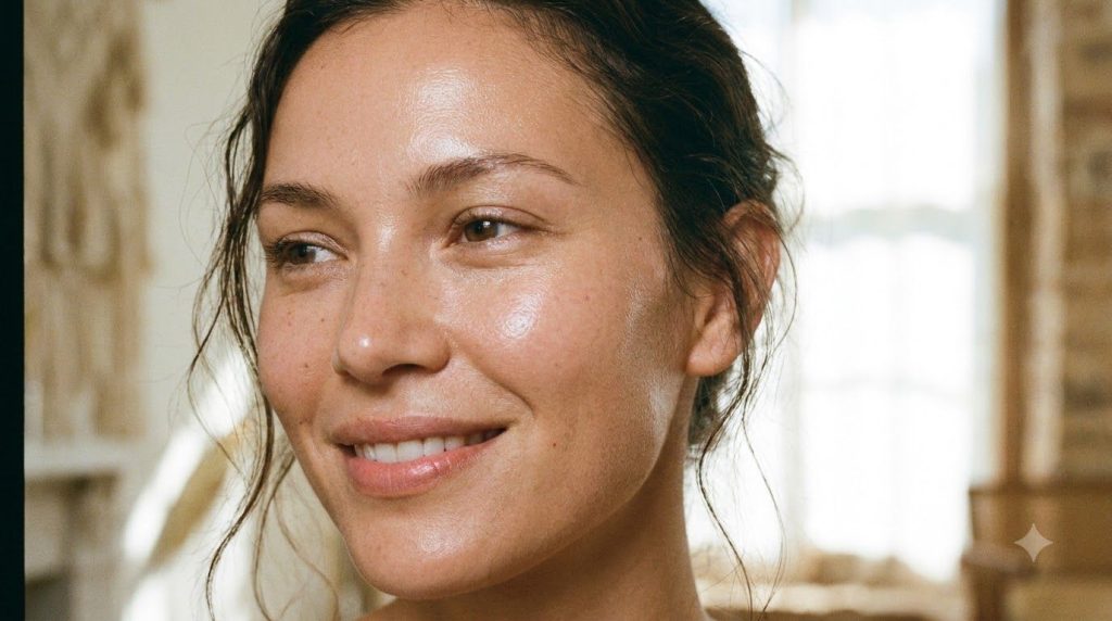 A close-up of a woman s radiant smooth skin showing the gentle glow of a well-hydrated face The lighting is soft and fla