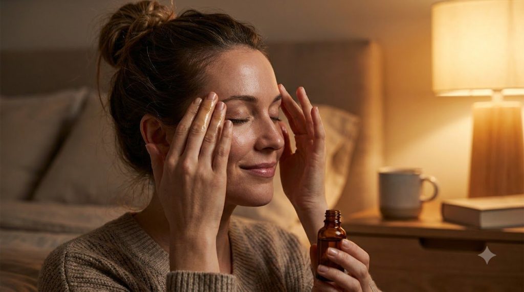 A woman gently applying a few drops of the DIY Botox Oil to her clean face before bed focusing on areas with fine lines 