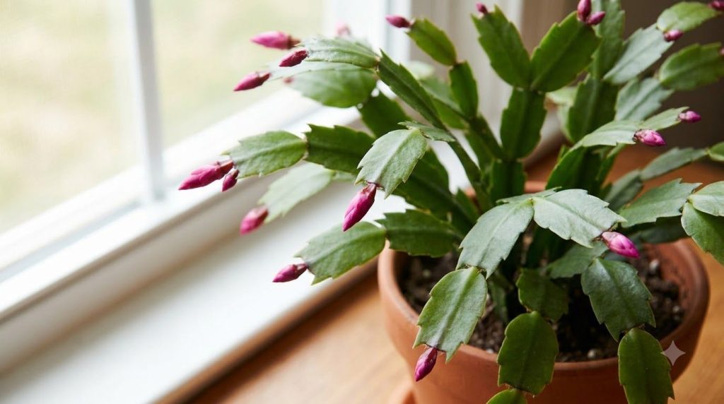 A Christmas Cactus plant with healthy green segments and developing flower buds showing the result of proper October car