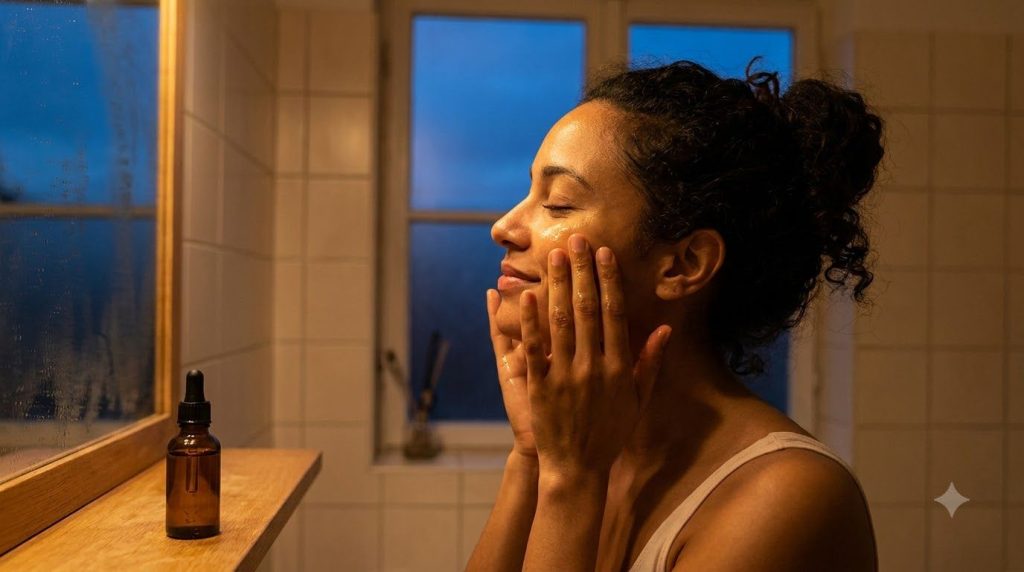 A woman gently massaging the Botox Oil into her face during her evening skincare routine showing soft smooth skin